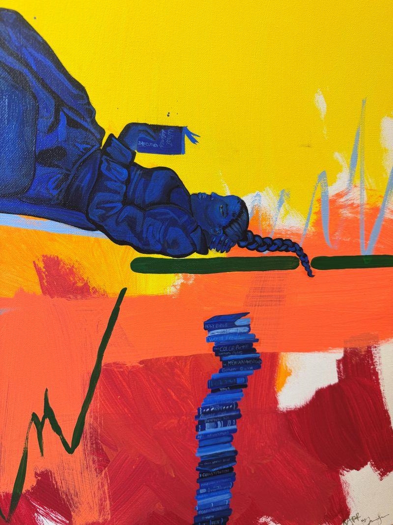 The Study by Jonarra Swanson. Acrylic paint on canvas with handpainted frame.