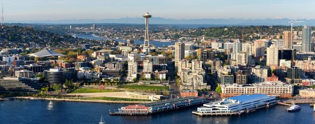 View of the Space Needle and the Seattle waterfront on a sunny day