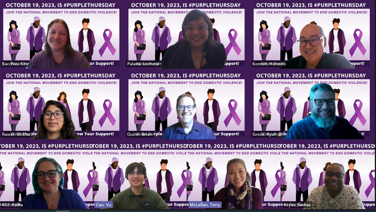 HSD HR staff pose virtually with backgrounds in purple for Domestic Violence Awareness Month 2023
