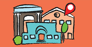 Doodle of a few buildings that look like theaters or places to rent.