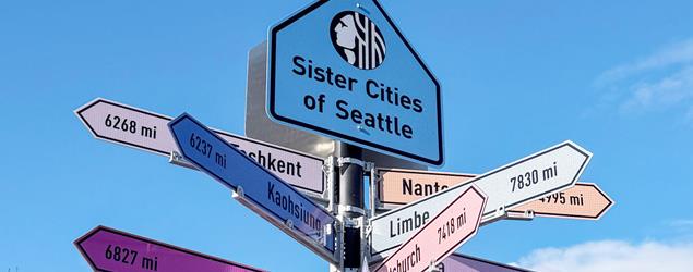 Image of sign pointing to other cities with the label "Sister Cities of Seattle"