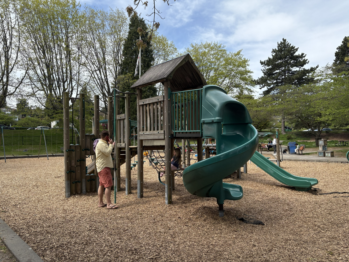 Magnolia Playfield playground: climbing tower and slide