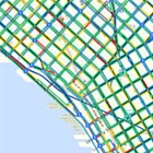 A close up of the Accessible Route Planner map, showing the waterfront and downtown Seattle, with streets marked as blue (excellent), green (good), yellow (fair), and red (poor) 