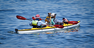Two people and a dog in a kayak in waters around Seattle.