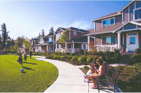 Children playing on shared landscaped residential area.