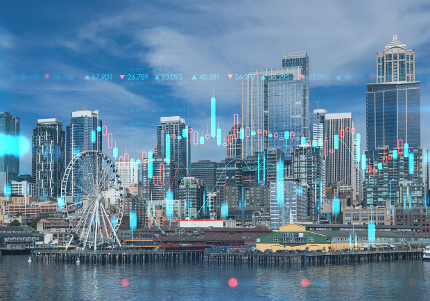 Seattle skyline with data points superimposed on it.