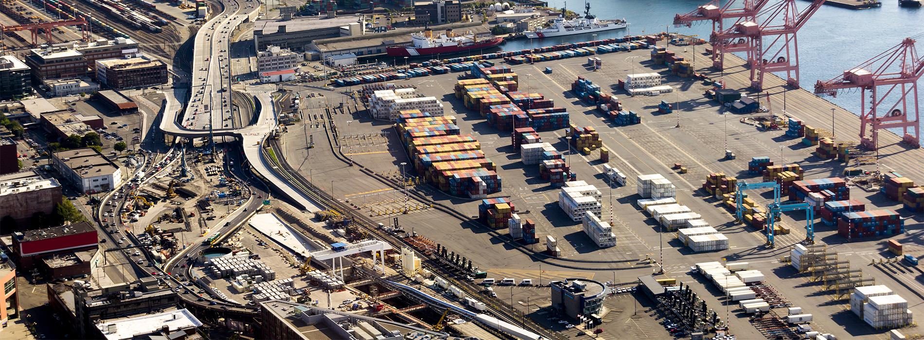 aerial view of Seattle's SODO neighborhood and port