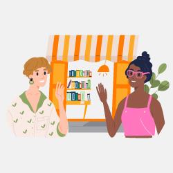 Illustration of two people waving at each other in front of orange bookstore.