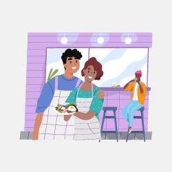 Illustration of two people holding a plate of food in front of purple storefront and customer.