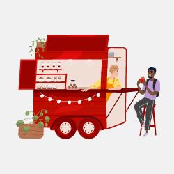Illustration of red food cart with two people smiling and one holding pastry.