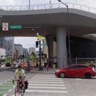 Alaskan Way meeting up with the new Elliott Way under the Overlook Walk pedestrian bridge. 